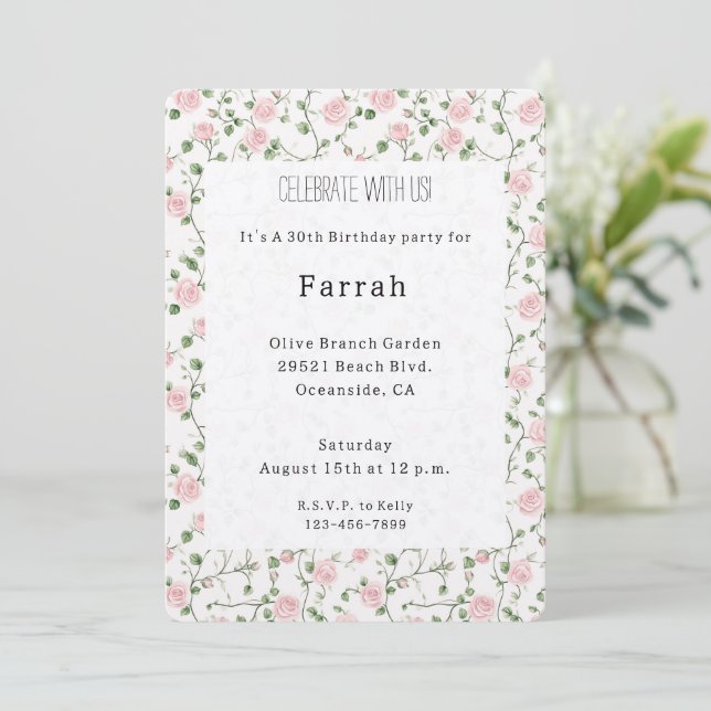 Invitación Pretty Pink Roses Floral Birthday   (Anverso de pie)