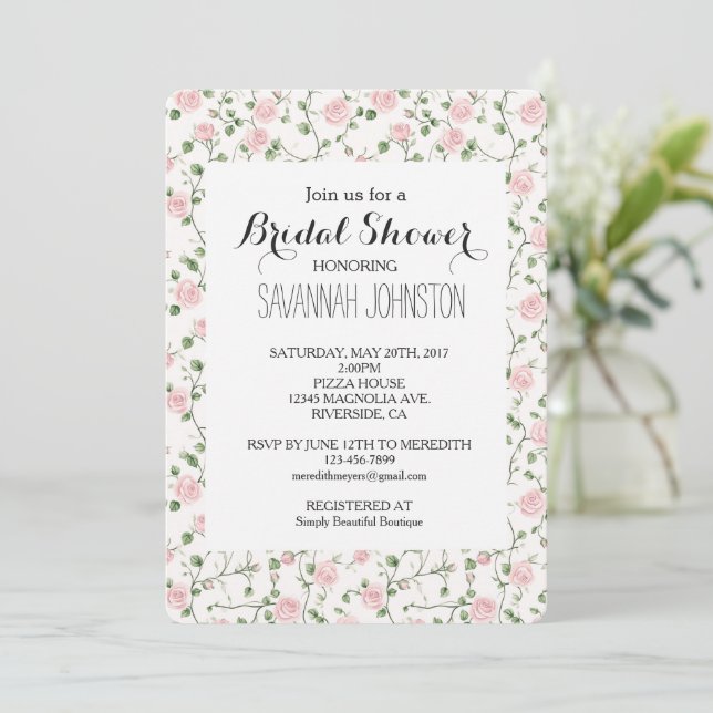 Invitación Pretty Pink Roses Floral Bridal Shower (Anverso de pie)