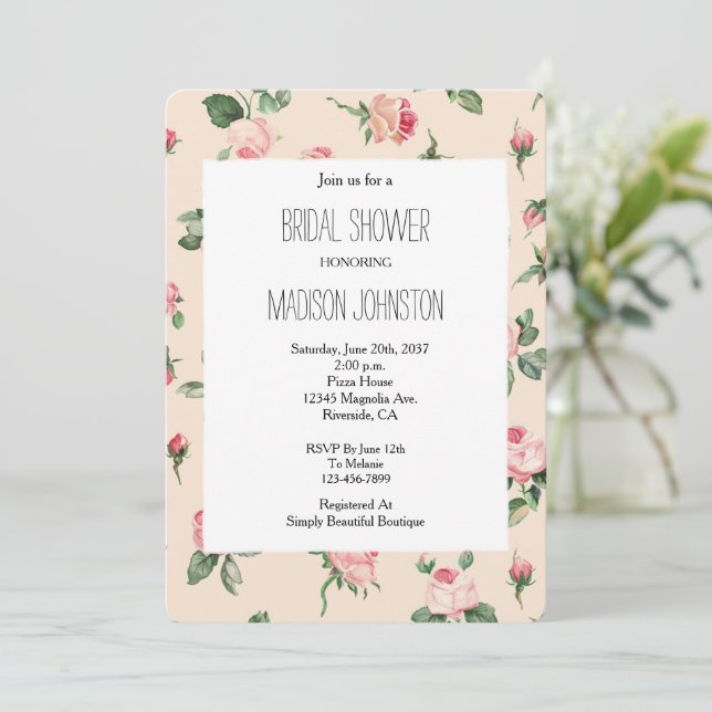 Invitación Pretty Pink Roses Floral Bridal Shower (Anverso de pie)