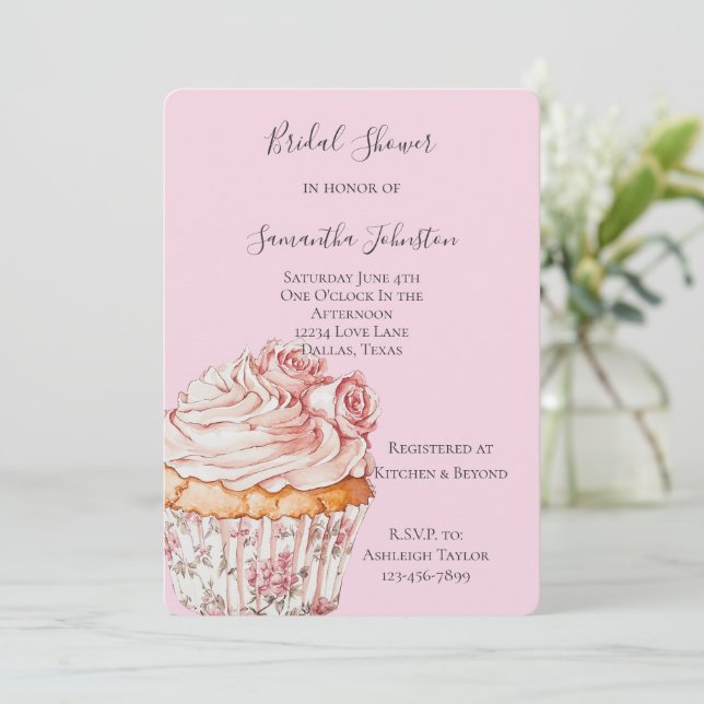 Invitación Pretty Pink Roses Floral Cupcake Bridal Shower (Anverso de pie)