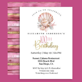 Invitación Pretty Pink Seashell and Pearls 100th Birthday