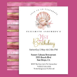Invitación Pretty Pink Seashell and Pearls 21st Birthday