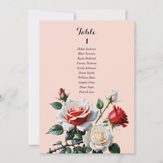 Invitación Pretty pink white red rose seating chart card (Anverso)