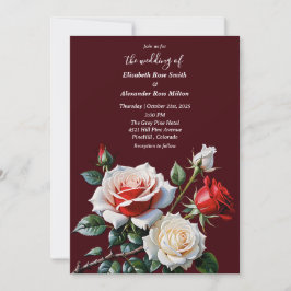 Invitación Pretty pink white red roses dark floral wedding