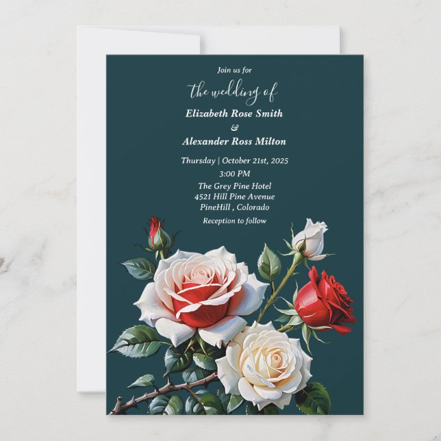 Invitación Pretty pink white red roses dark floral wedding (Anverso)