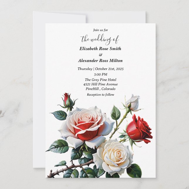 Invitación Pretty pink white red roses floral wedding (Anverso)