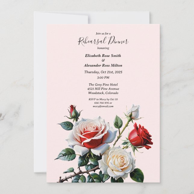 Invitación Pretty pink white red roses Rehearsal dinner (Anverso)