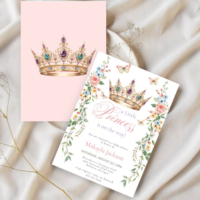 Invitación Pretty Princess Gold Crown Pink Floral Baby Shower (Subido por el creador)