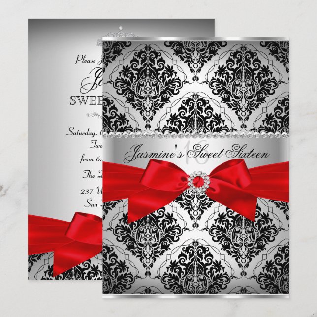 Invitación Pretty Red Black Damask Sweet 16 (Anverso / Reverso)