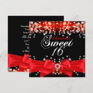 Invitación Pretty Red Bow & Sparkle Sweet Sixteen