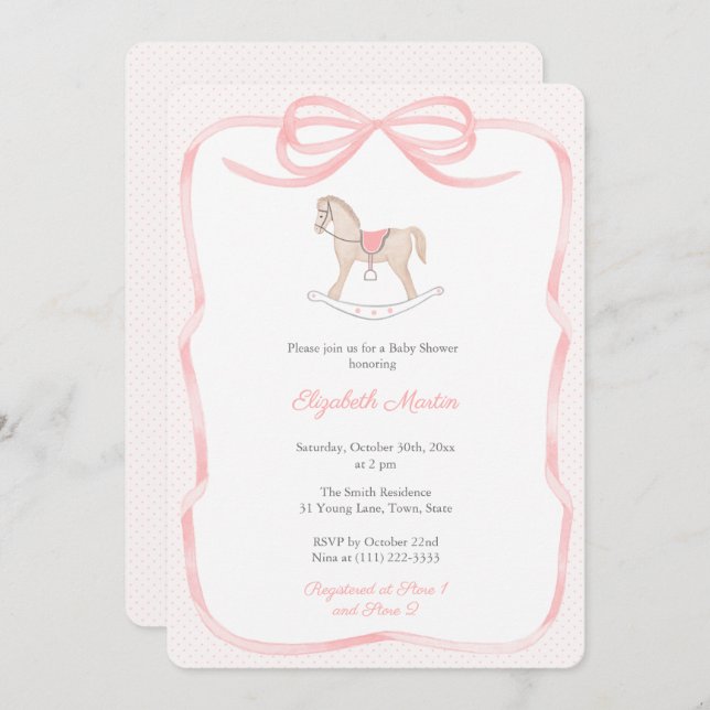 Invitación Pretty Rocking Horse Pink Bow Girl Baby Shower  (Anverso / Reverso)