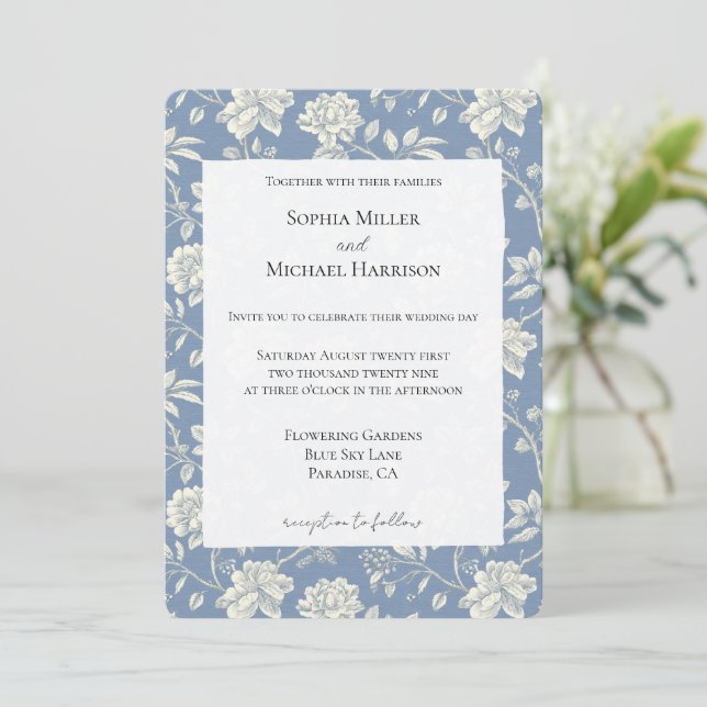 Invitación Pretty Romantic Blue Cream Flowers Wedding (Anverso de pie)