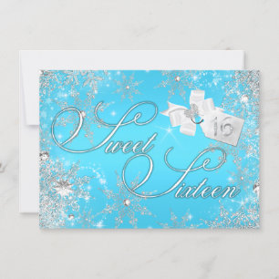 Invitación Pretty Silver Blue Snowflake Sweet 16