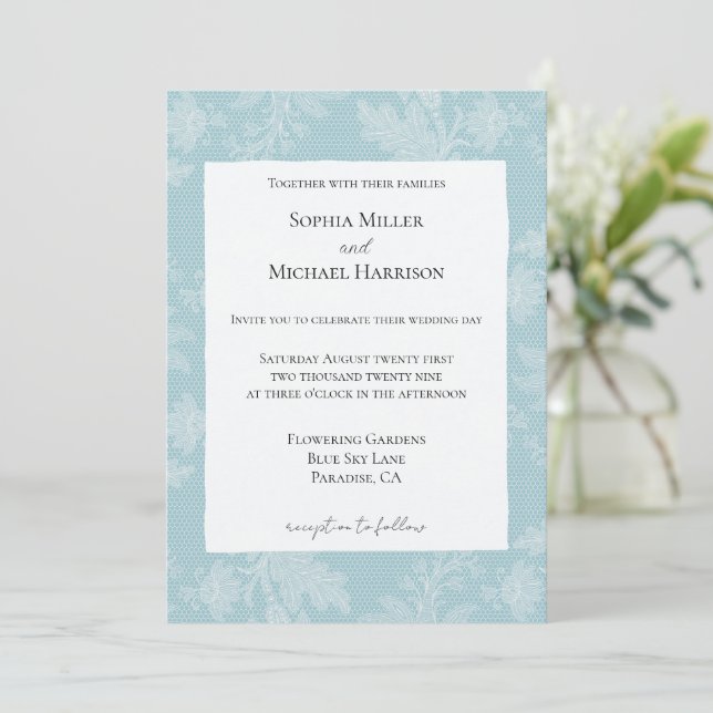 Invitación Pretty Sky Blue White Floral Faux Lace Wedding (Anverso de pie)