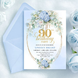 Invitación Pretty Soft Blue Hydrangea Gold 90th Birthday Card
