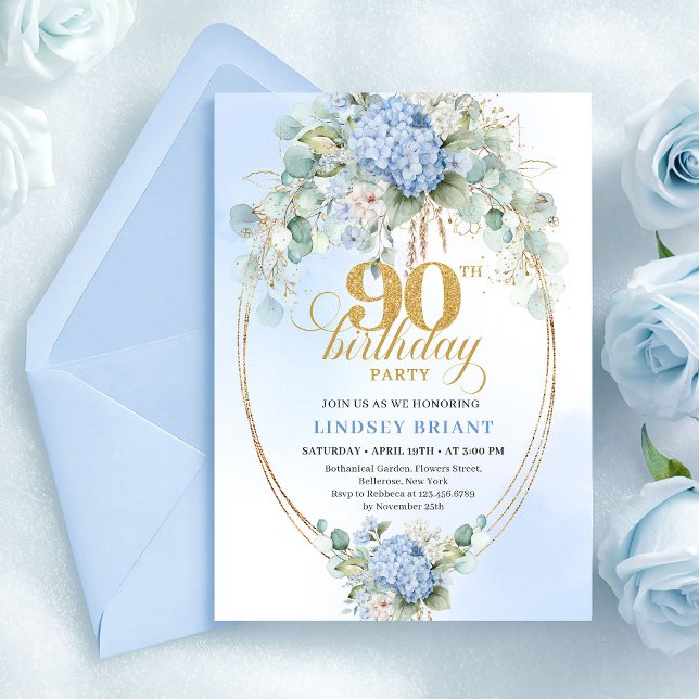 Invitación Pretty Soft Blue Hydrangea Gold 90th Birthday Card (Pretty Soft Blue Hydrangea Gold 90th Birthday Card)