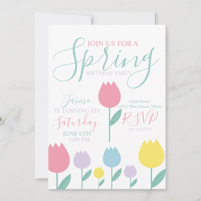 Invitación Pretty Spring Tulips Pastel Floral Birthday Party (Anverso)