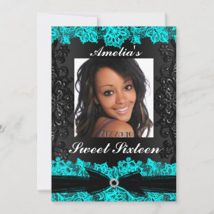 Invitación Pretty Teal & Black Lace para dulces 16