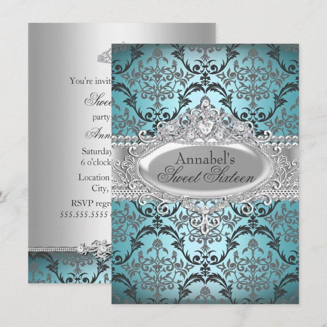Invitación Pretty Teal & Silver Damask Sweet 16 (Anverso / Reverso)