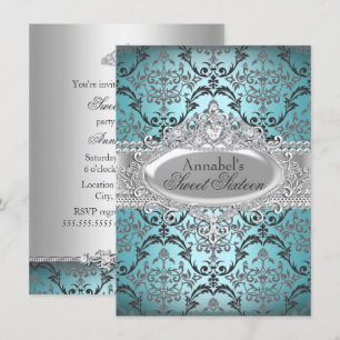 Invitación Pretty Teal & Silver Damask Sweet 16
