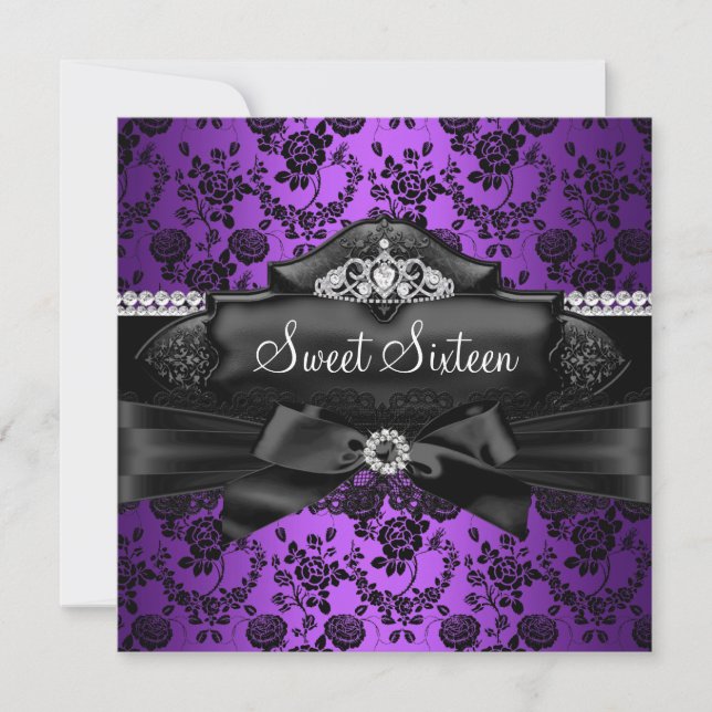 Invitación Pretty Tiara & Bow Purple Sweet 16 (Anverso)