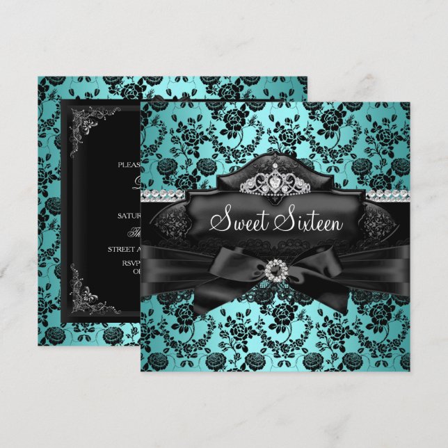Invitación Pretty Tiara & Bow Teal Sweet 16 (Anverso / Reverso)