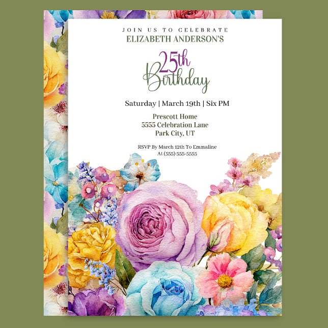 Invitación Pretty Watercolor Spring Floral 25th Birthday (Subido por el creador)