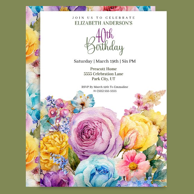 Invitación Pretty Watercolor Spring Floral 40th Birthday (Subido por el creador)
