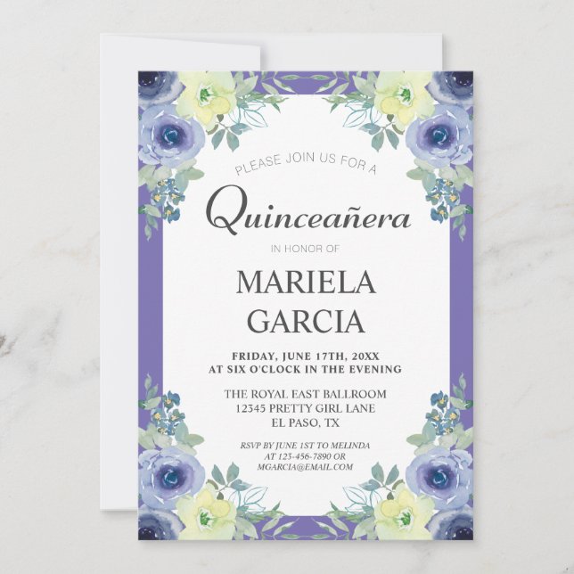 Invitación Pretty Yellow Purple Floral Quinceañera Birthday   (Anverso)