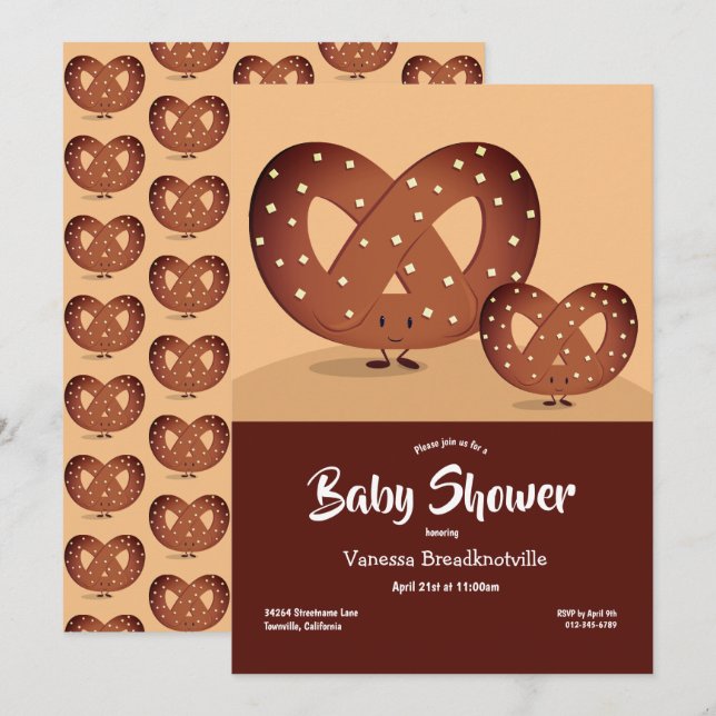 Invitación Pretzel Baby Shower Brown Foodie Cute Personalizad (Anverso / Reverso)