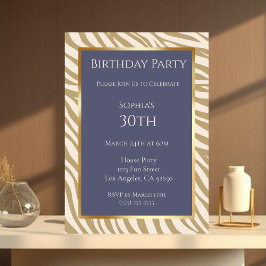 Invitación Prima de cebra de cumpleaños-azul y beige-
