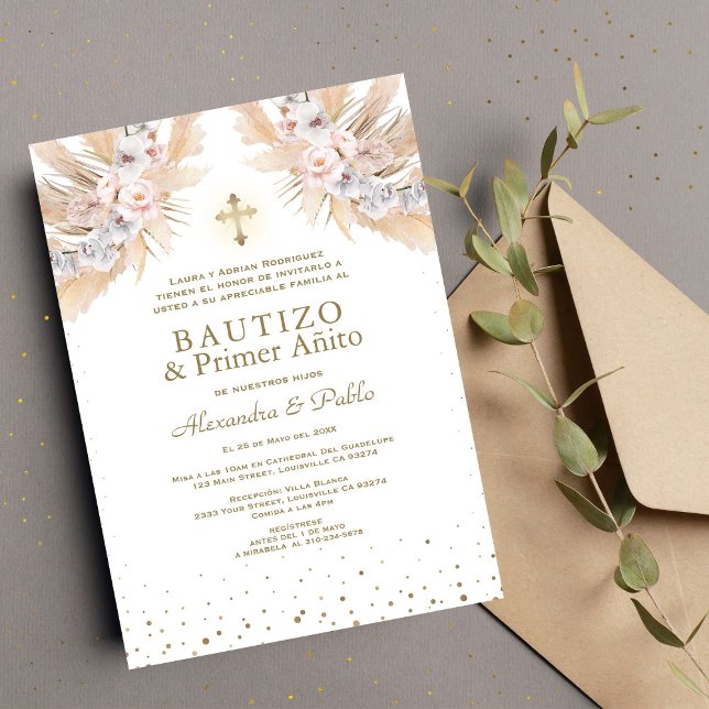 Invitación Primario floral gemelo Pampas (Subido por el creador)