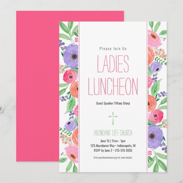 Invitación Primavera acuarela Floral Damas Iglesia Luncheon (Anverso / Reverso)