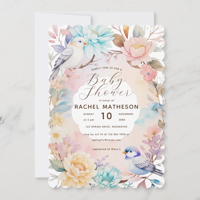 Invitación Primavera acuática florida y ducha de bebé de aves (Anverso)