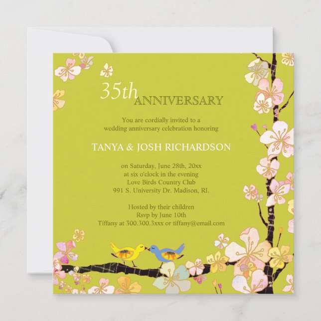 Invitación Primavera Aves de Amor 35 Aniversario del Boda (Anverso)