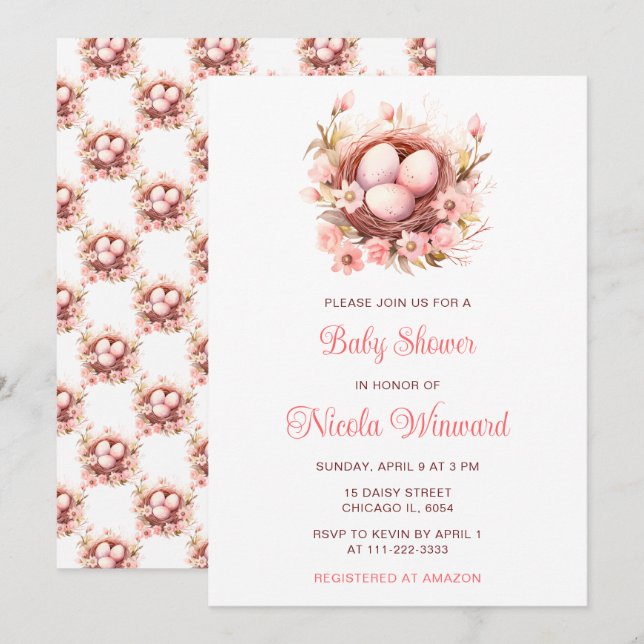 Invitación Primavera Aves Nest Baby Shower (Anverso / Reverso)