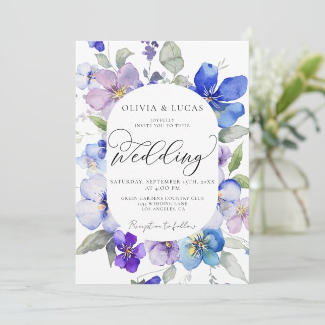 Invitación Primavera Azul Púrpura Todo en 1 Boda de presupues (Anverso de pie)