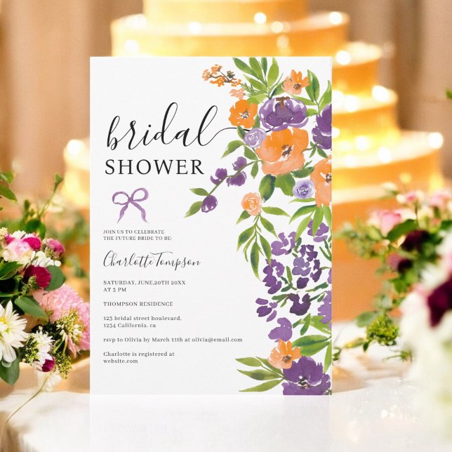 Invitación Primavera Boho Naranja morado Ducha de novia flora (Spring Boho Purple Orange Floral bridal shower Invitation)