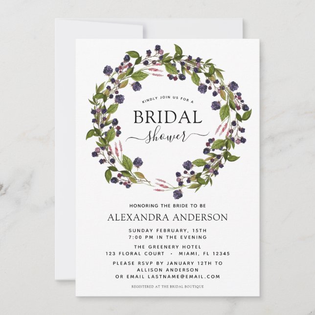 Invitación Primavera Bridal Shower Blackberry Flor Wreath (Anverso)