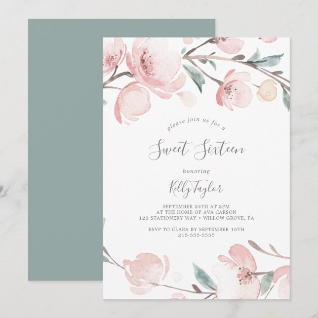 Invitación Primavera Cerezo Blossom Dulce Cumpleaños (Anverso / Reverso)