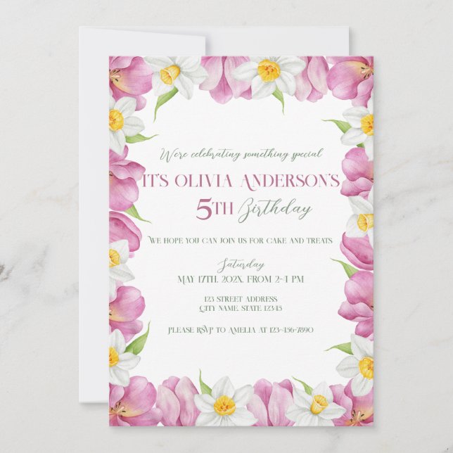 Invitación Primavera Colorida Flor Niños Cumpleaños (Anverso)