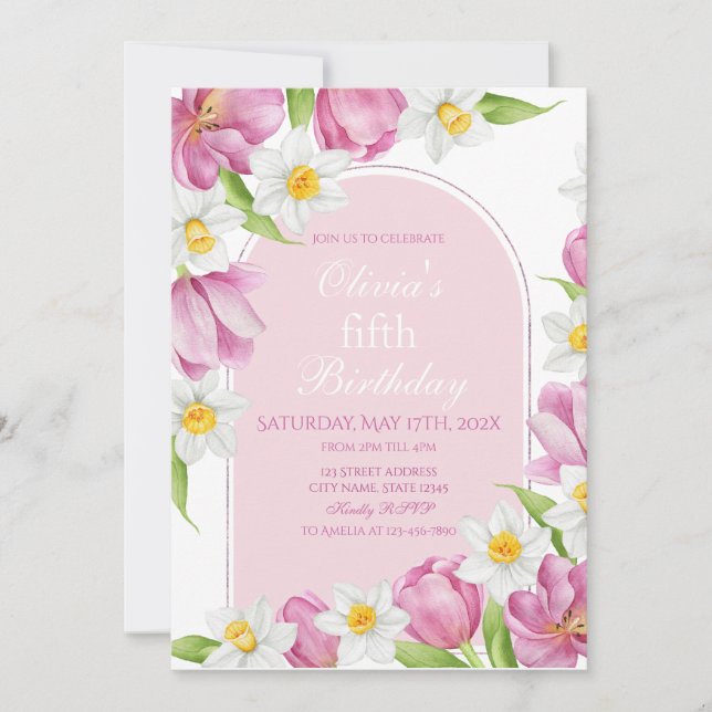 Invitación Primavera Colorida Flor Niños Cumpleaños (Anverso)