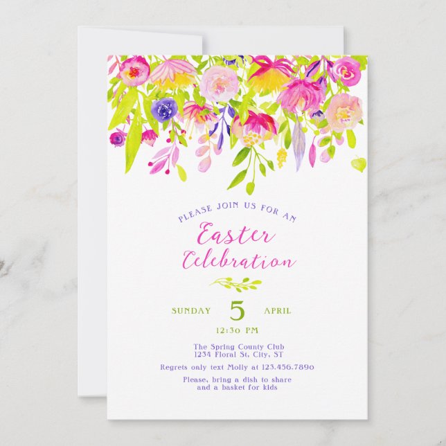 Invitación Primavera colorida Flores Pascua (Anverso)