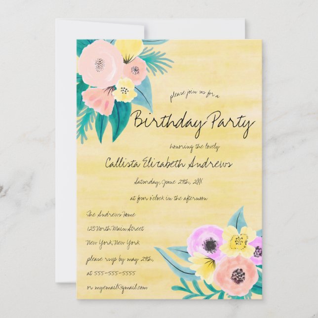 Invitación Primavera Coral Amarillo Floral acuarela Cumpleaño (Anverso)