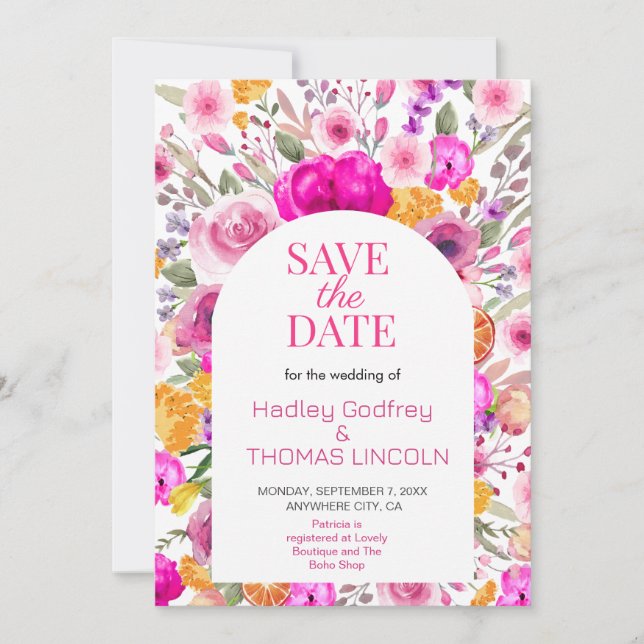 Invitación Primavera De Flor Silvestre Rosa Salve La Fecha (Anverso)