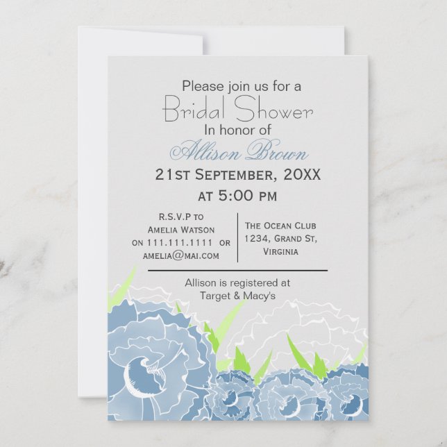 Invitación primavera de florines azules Ducha de novia (Anverso)