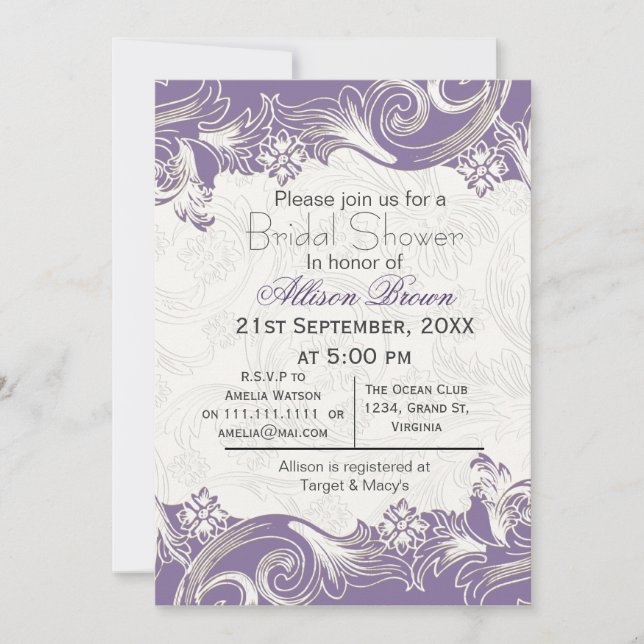 Invitación Primavera de la flor púrpura Ducha de novia (Anverso)