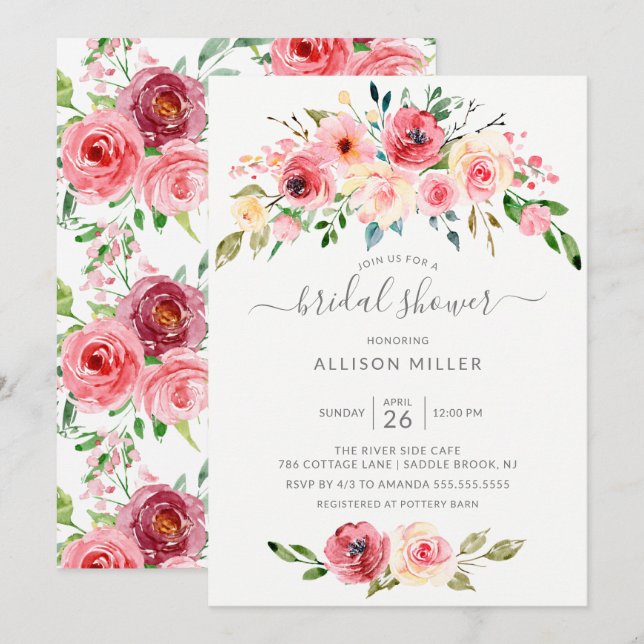 Invitación Primavera de los pueblos Rosa Floral Bridal Shower (Anverso / Reverso)
