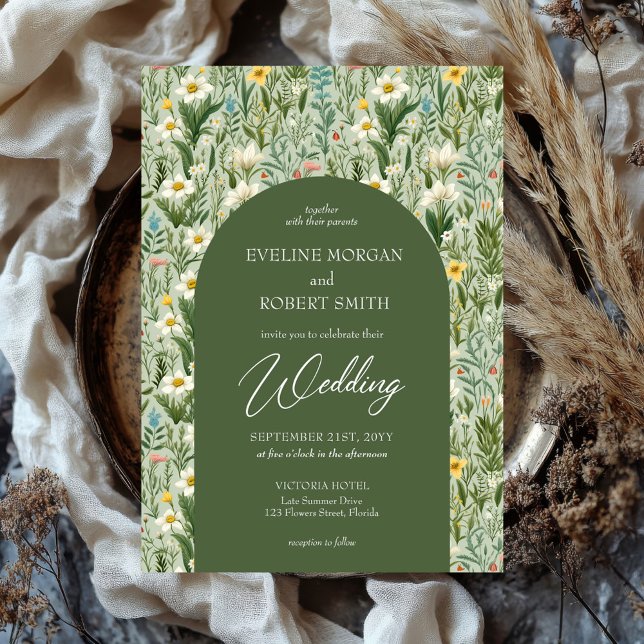 Invitación Primavera del Boho de moda flores silvestres arco  (watercolor boho spring wild flowers green arch wedding invitation)