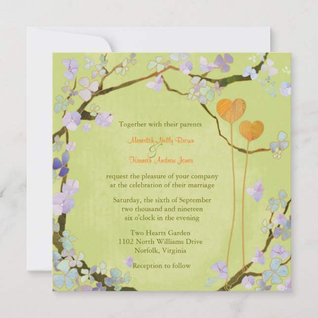 Invitación Primavera Dos Corazones Lime Boda Floral Verde (Anverso)